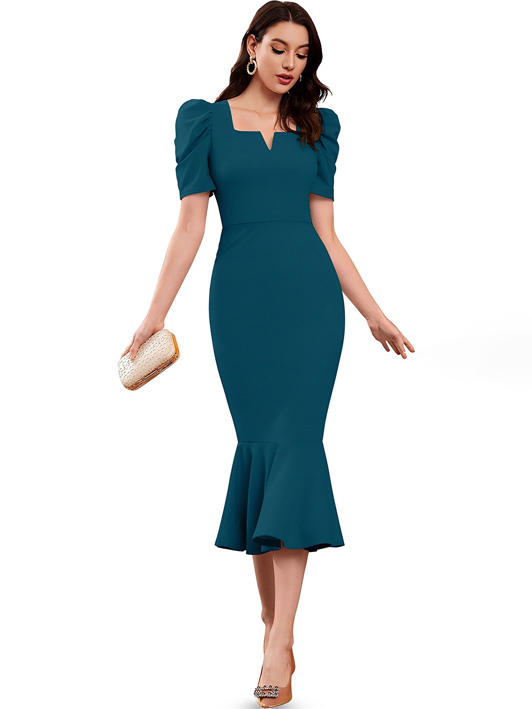 

SATPURUSH Women Solid Puff Sleeve Cotton A-Line Midi Dress, Teal