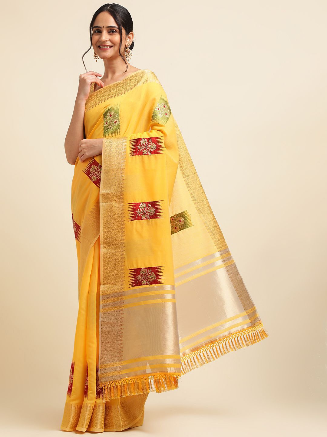 

VIRICA Woven Design Zari Pure Linen Saree, Yellow