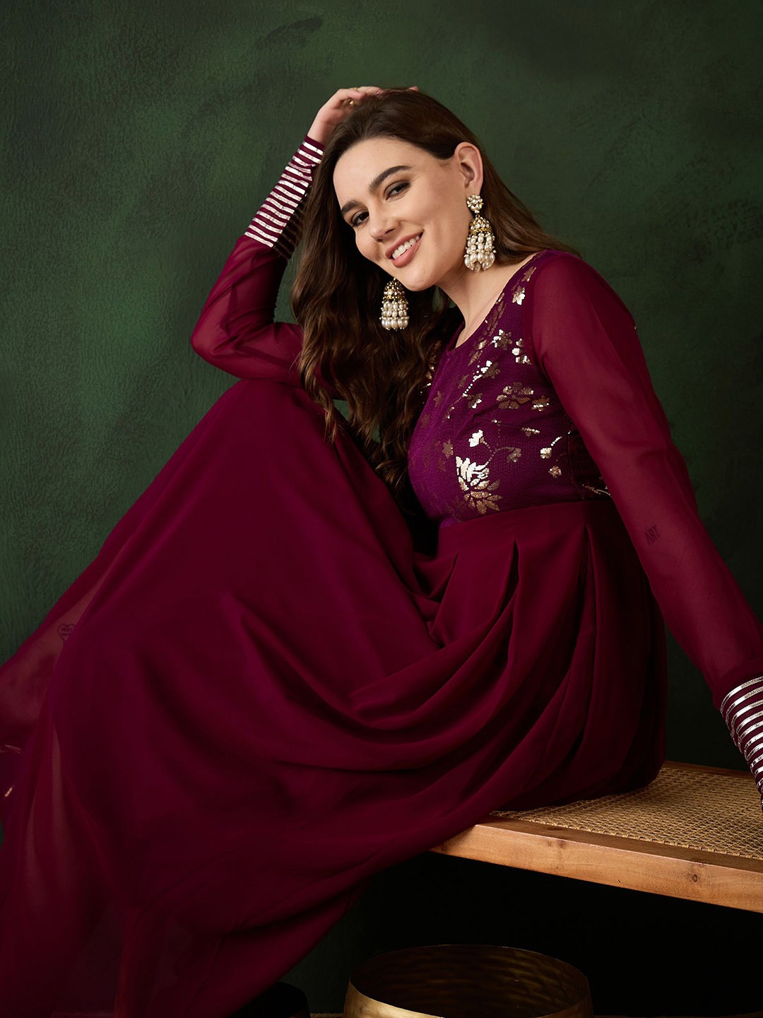 

Sangria Sequinned Embellished Fit & Flared Maxi Ethnic Dress, Purple