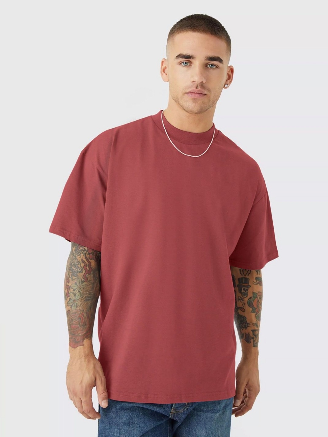

PRONK Men Solid Round Neck Cotton Oversized T-shirt, Brown