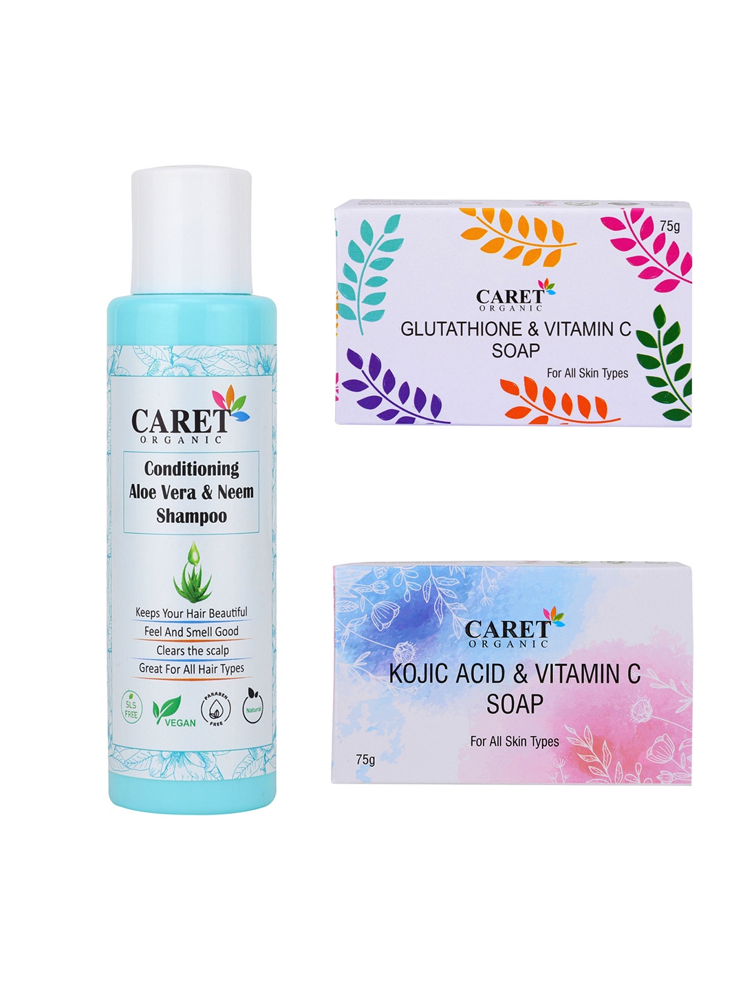 

CARET ORGANIC Aloe vera Shampoo, Vitamin C & Glutathione Soap Combo, White