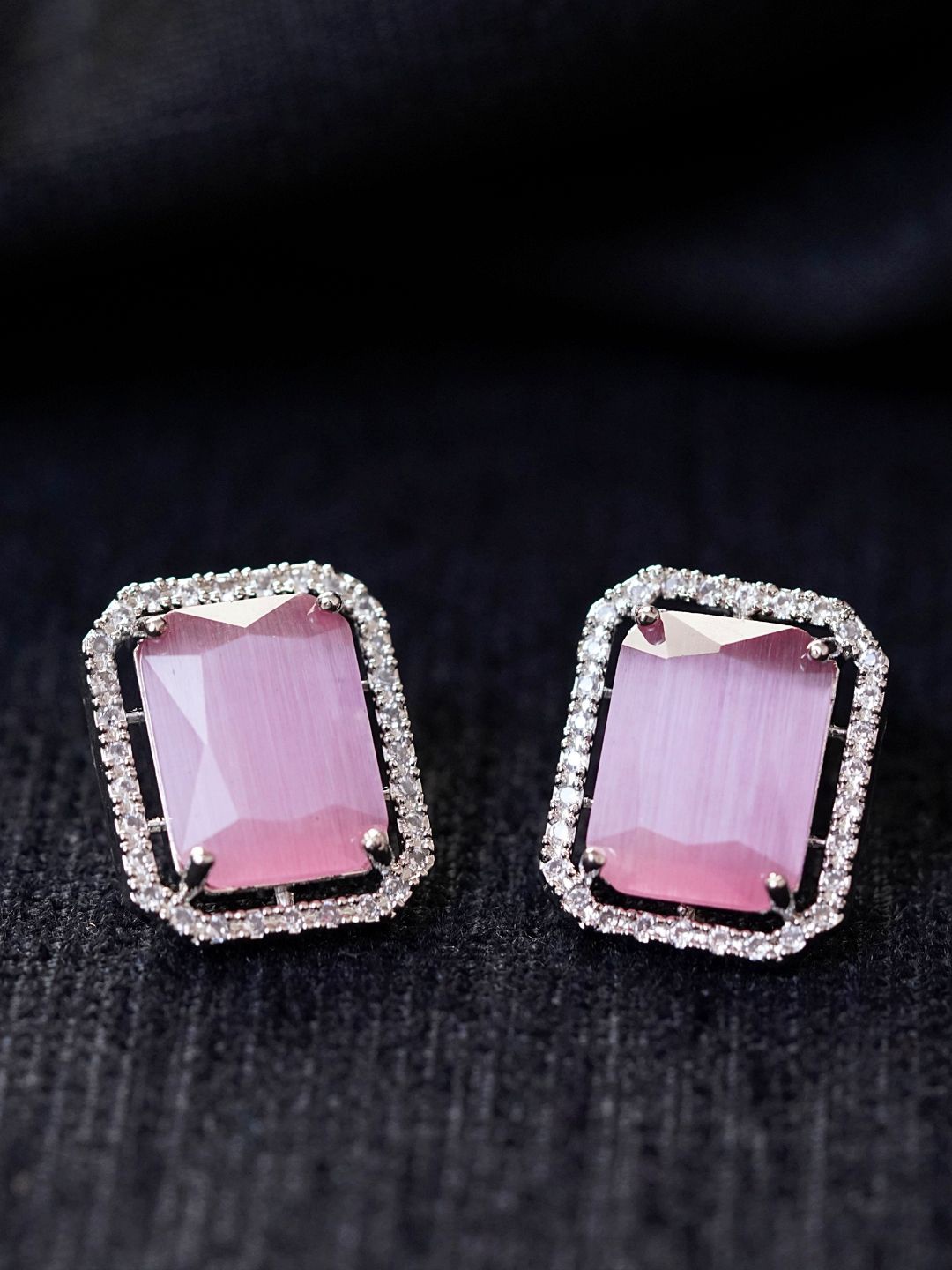 

Zoey Silver Plated American Diamond Studded Square Studs Earrings, Pink