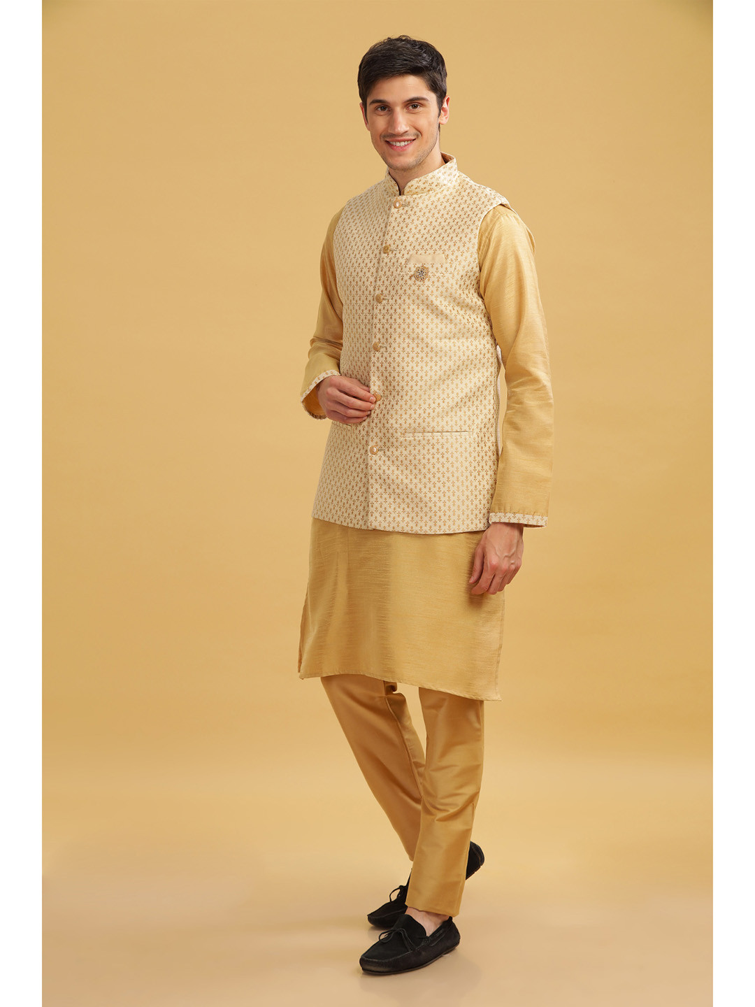 

Anouk Men Woven Design Nehru Jacket, Cream