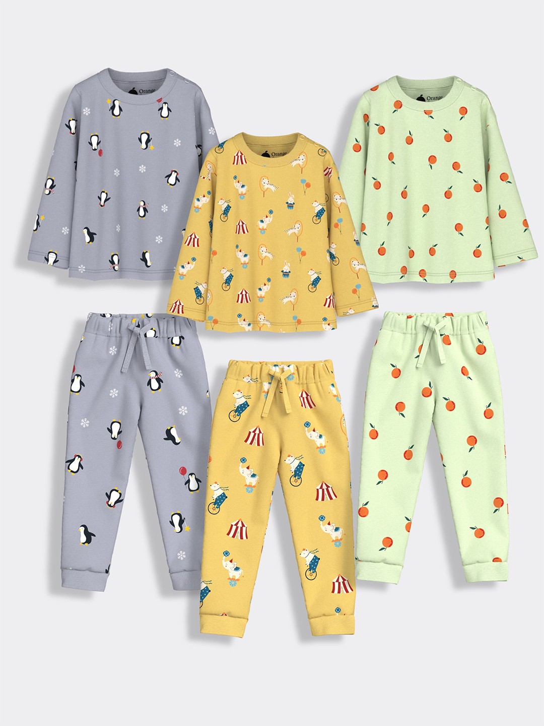 

Orange Sugar Kids Pack of 3 Penguin, Circus & Orange Bliss Printed Pure Cotton Night suits, Green