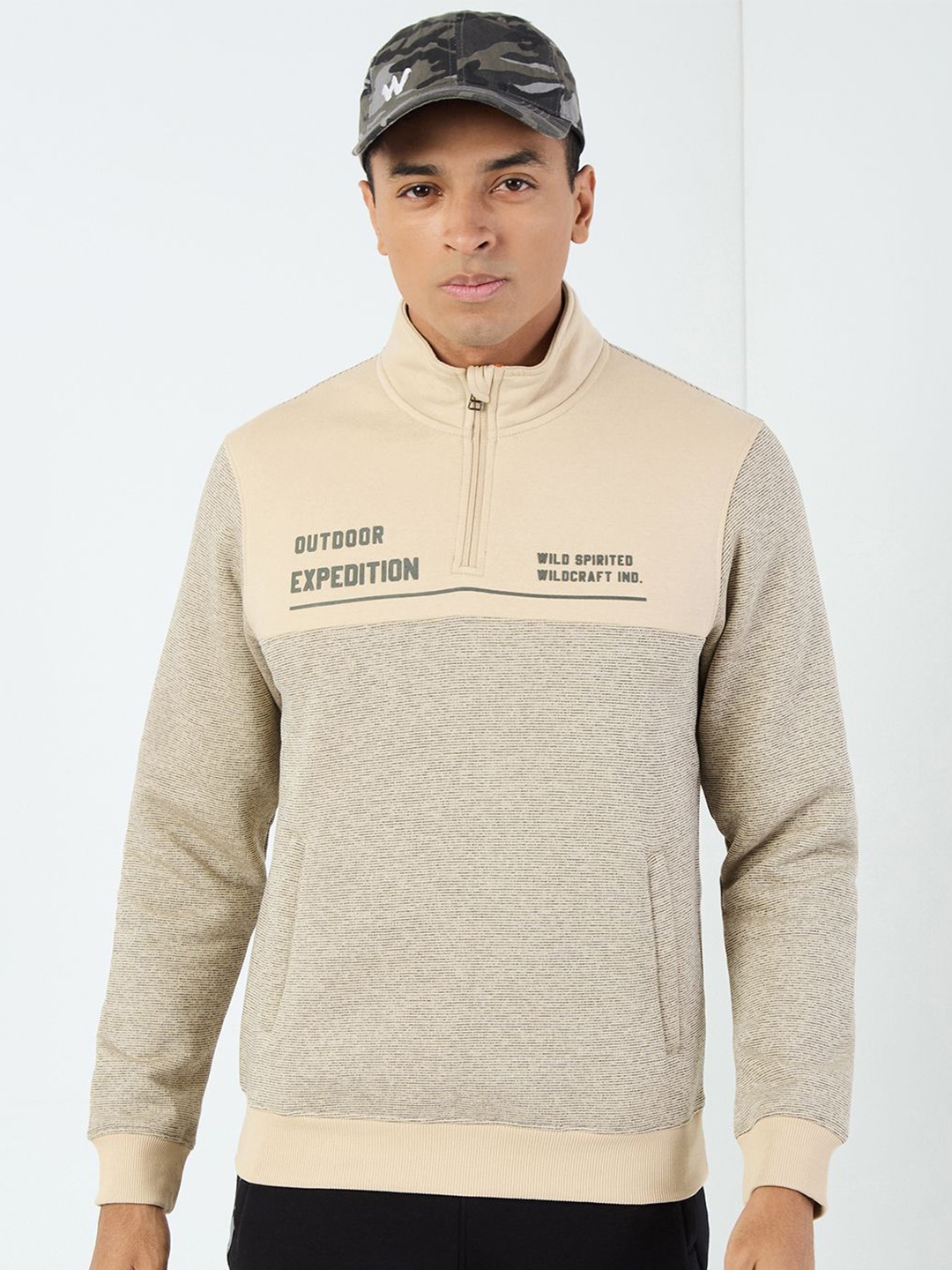 

Wildcraft Men Typography Colourblocked Mock Collar Cotton Pullover Sweatshirt, Beige
