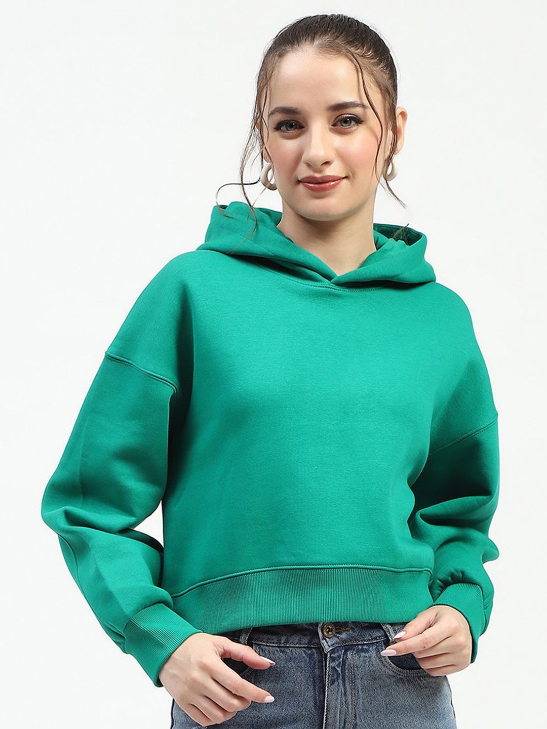 

Madame Women Solid Hood Cotton Pullover Sweatshirt, Green