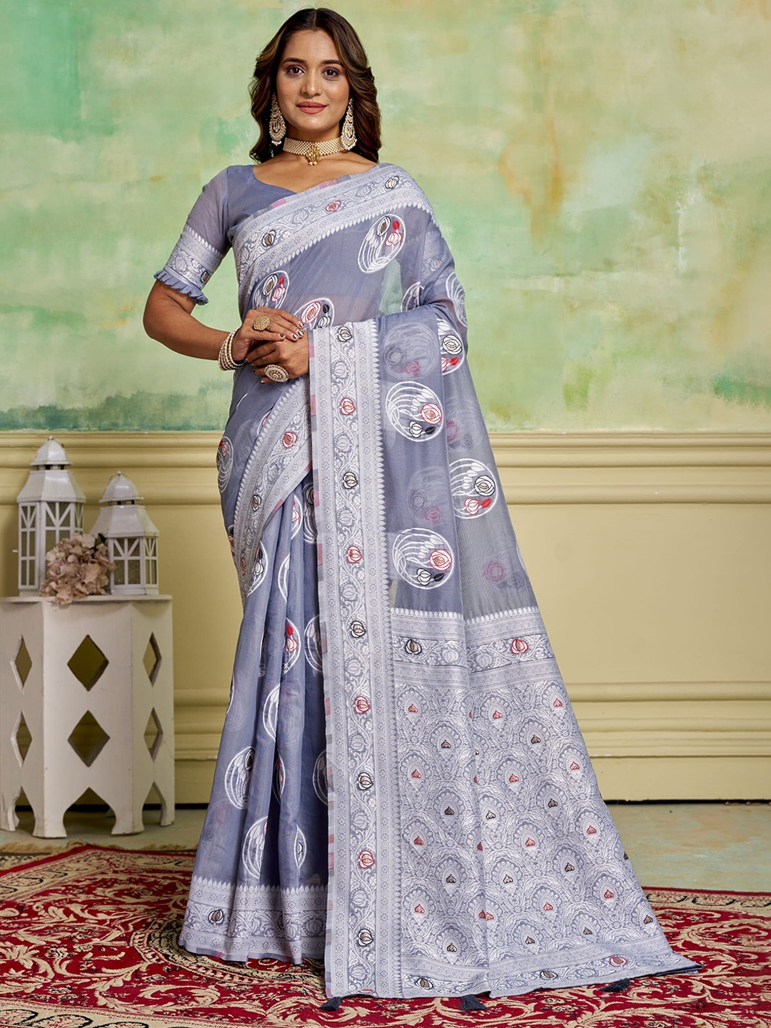 

KAYOMMI Ethnic Motifs Zari Pure Cotton Banarasi Saree, Grey