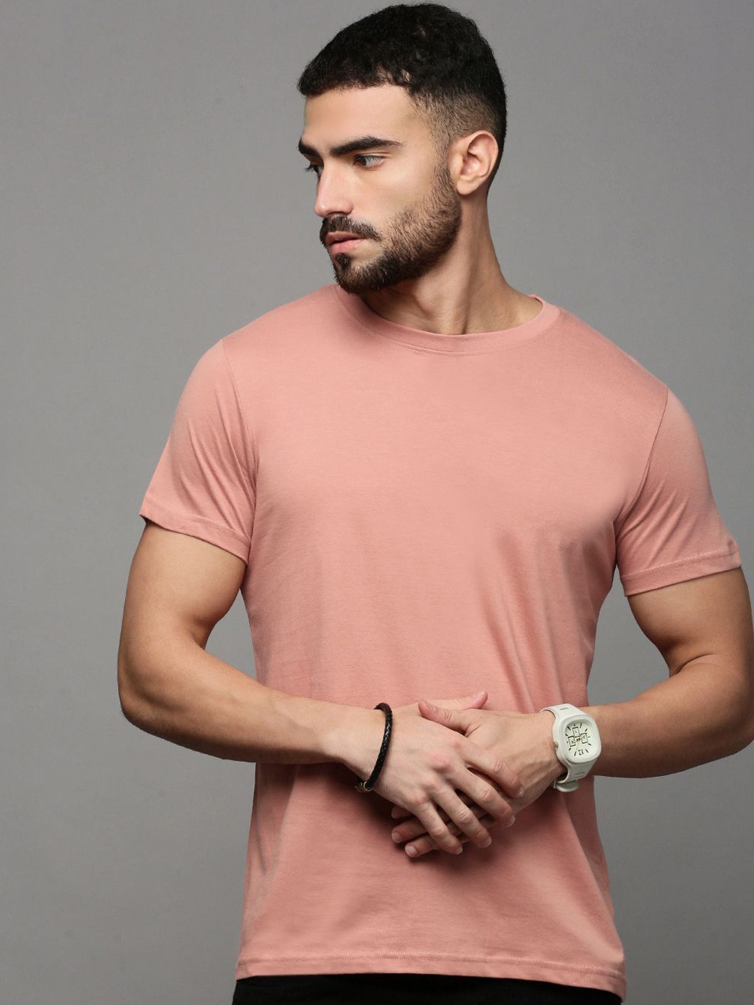 

Mast & Harbour Men Solid Round Neck Pure Cotton T-shirt, Peach