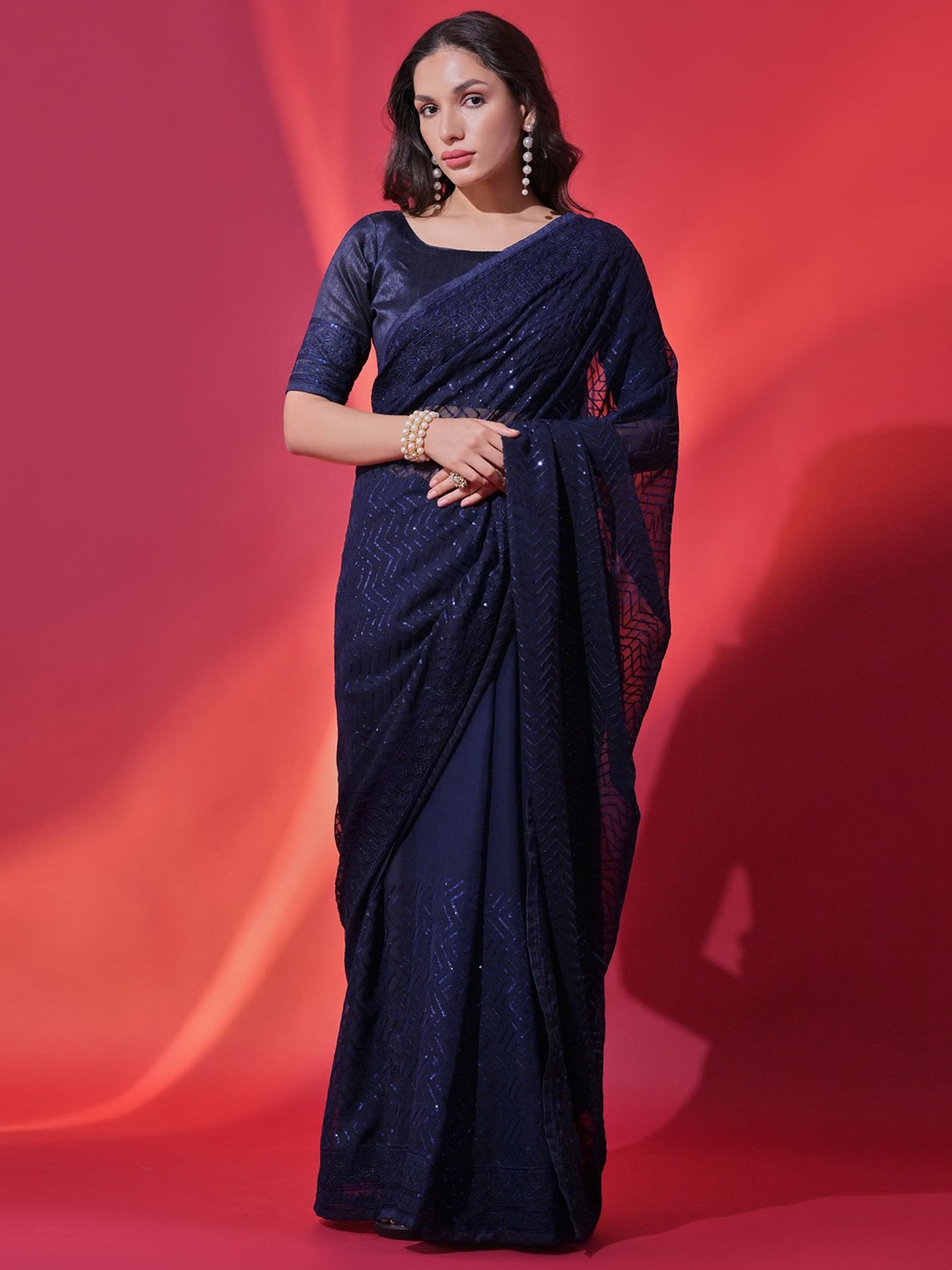 

Mitera Embellished Sequinned Saree With Embroidered Border, Blue