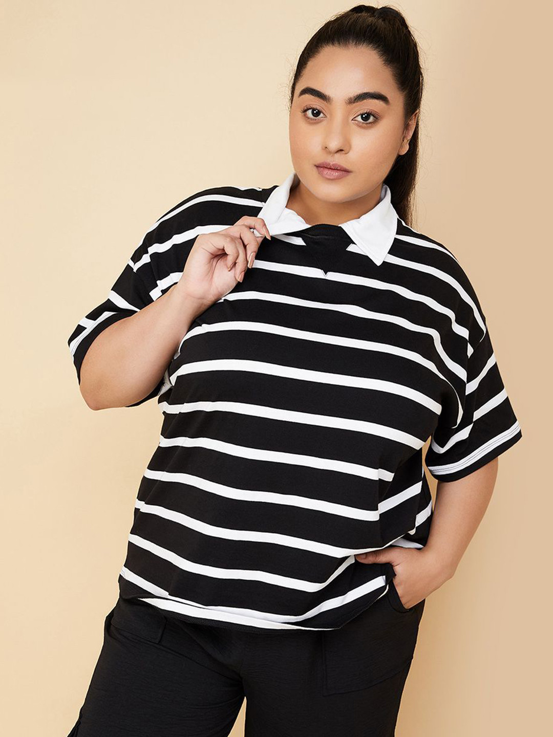 

max Women Striped Polo Collar Cotton Plus Size T-shirt, Black
