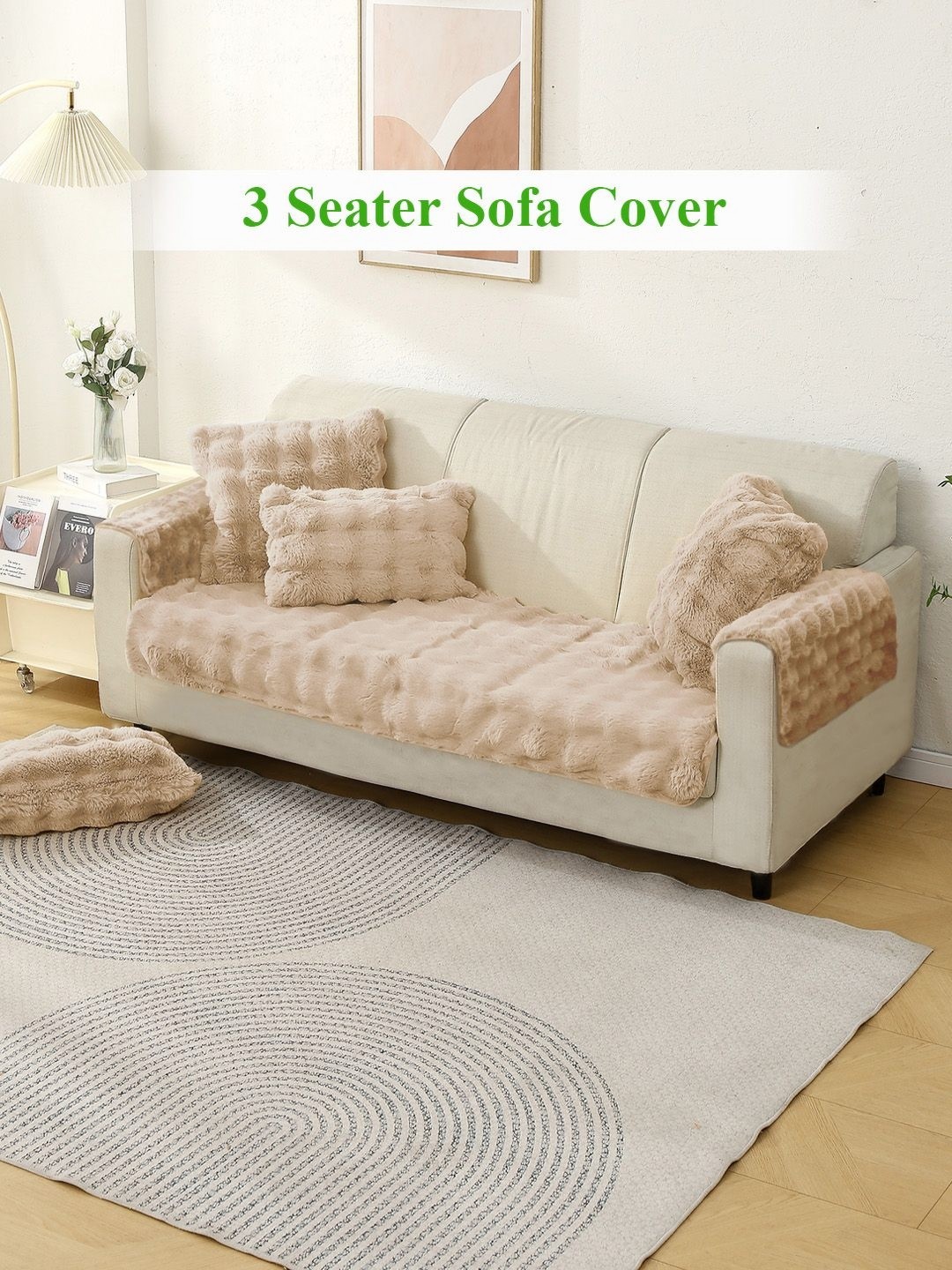 

HOKIPO Brown Self Design Premium Faux Rabbit Fur Anti Slip 3 Seater Sofa Cover With Arms