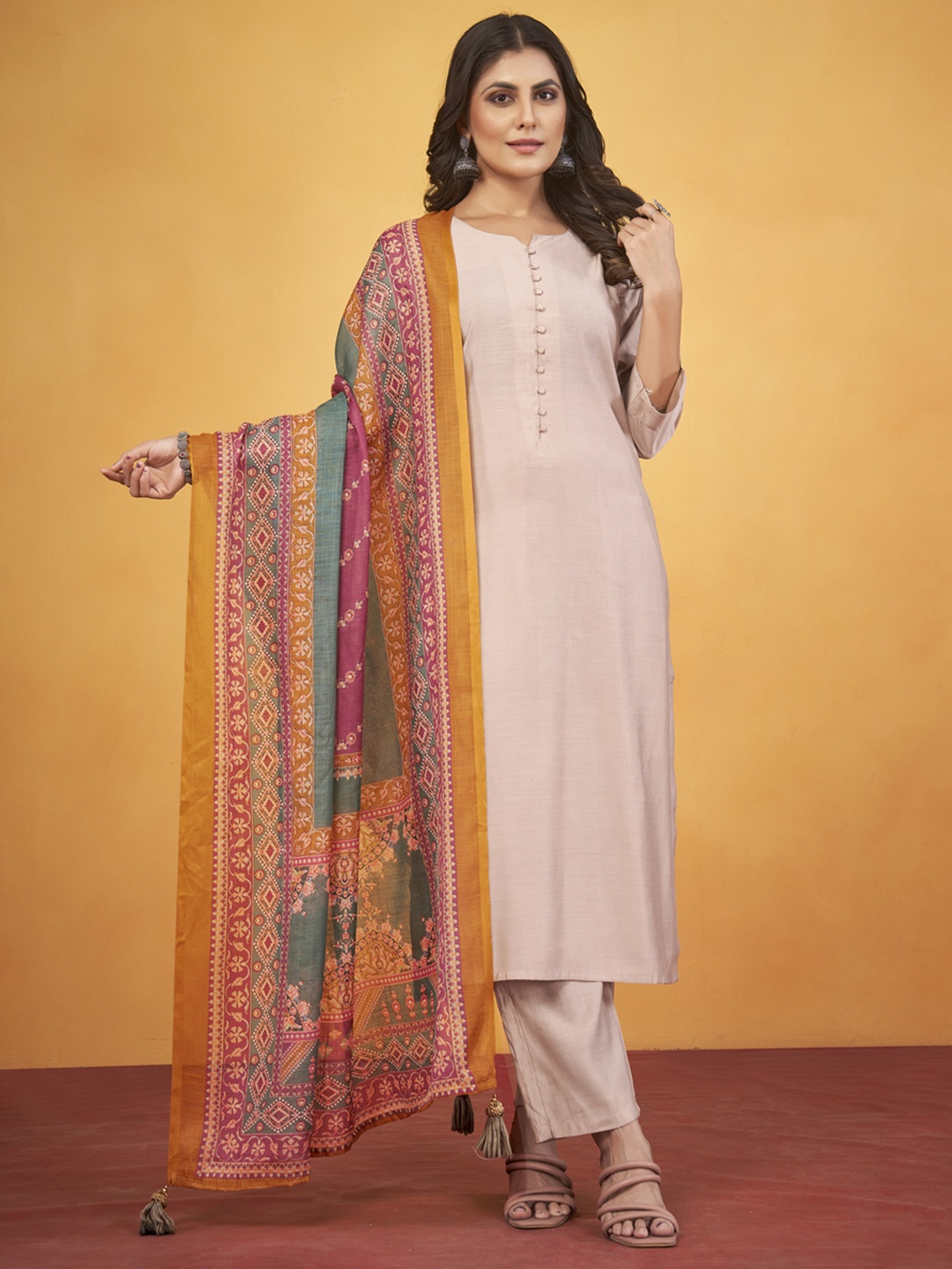 

STYLE SAMSARA Mandarin Collar Art Silk Regular Straight Kurta with Trousers & Dupatta, Beige