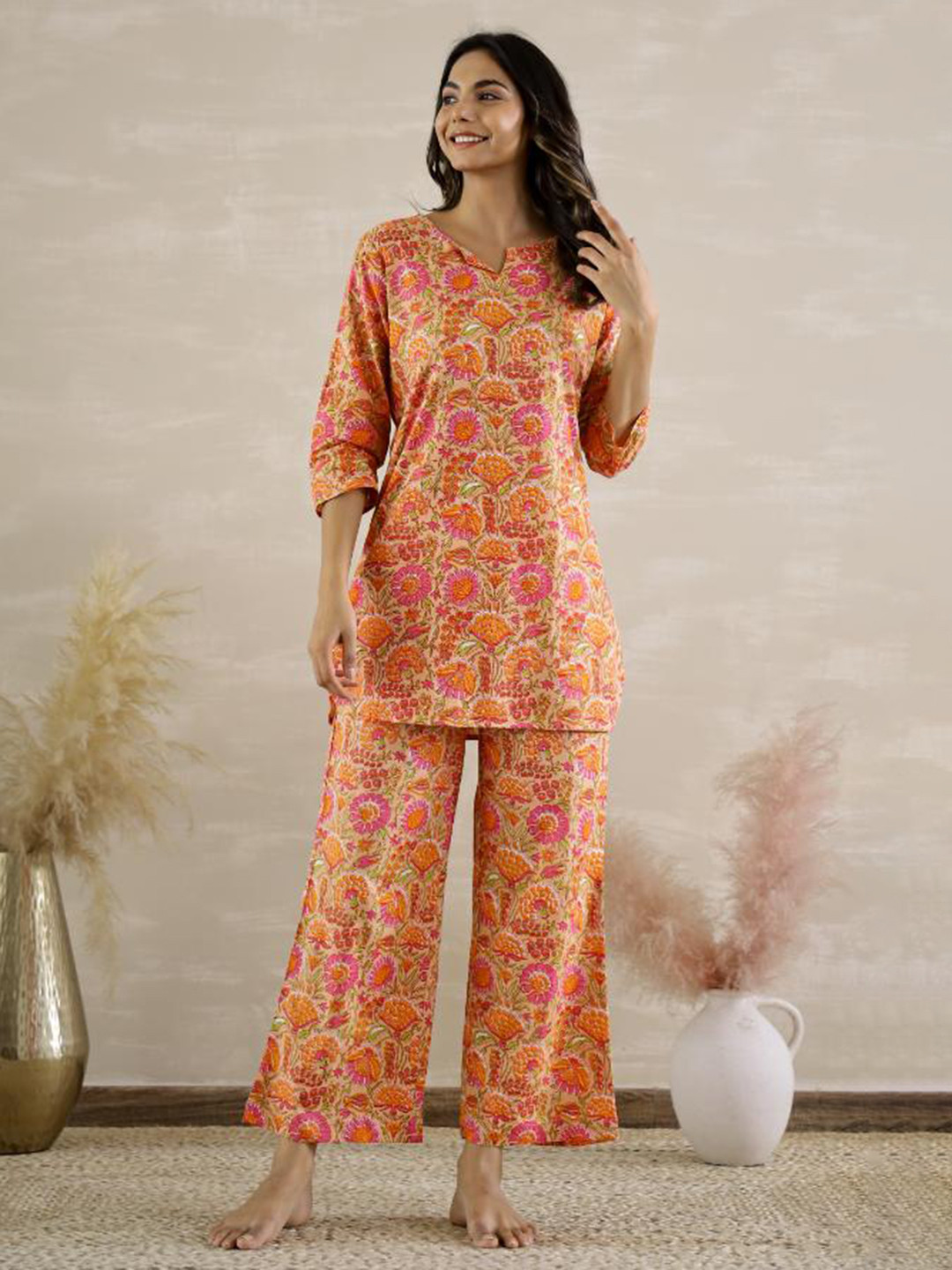 

FLAVIA CREATION Plus Size Floral Printed Pure Cotton Night Suit, Orange