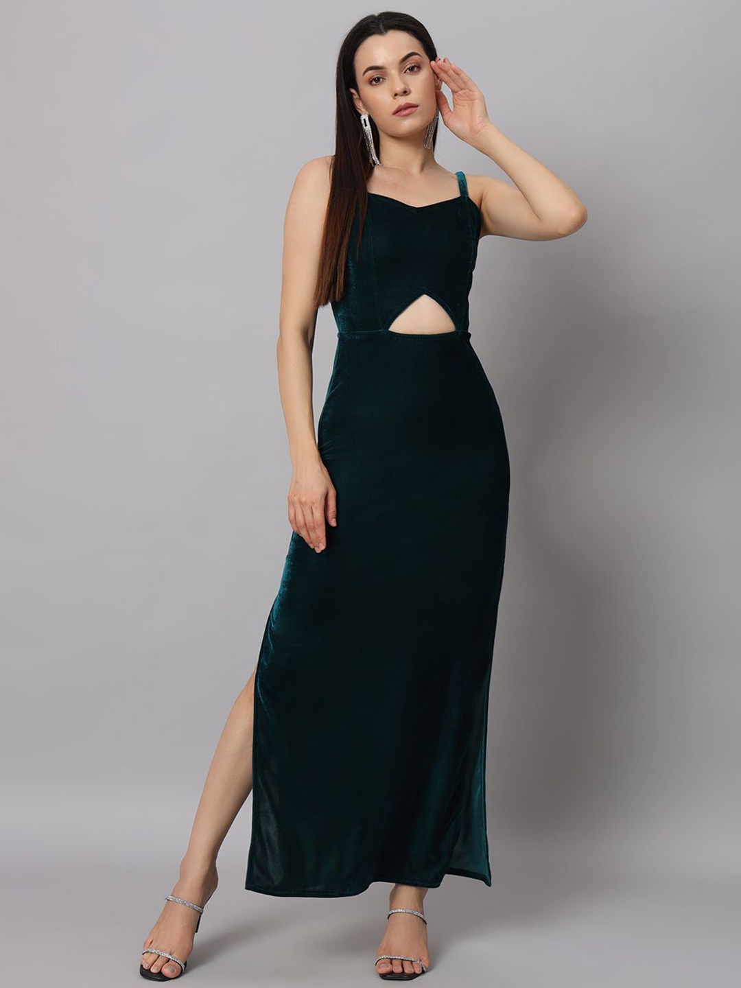 

VAARARO Women Solid Velvet Maxi Sheath Dress, Green