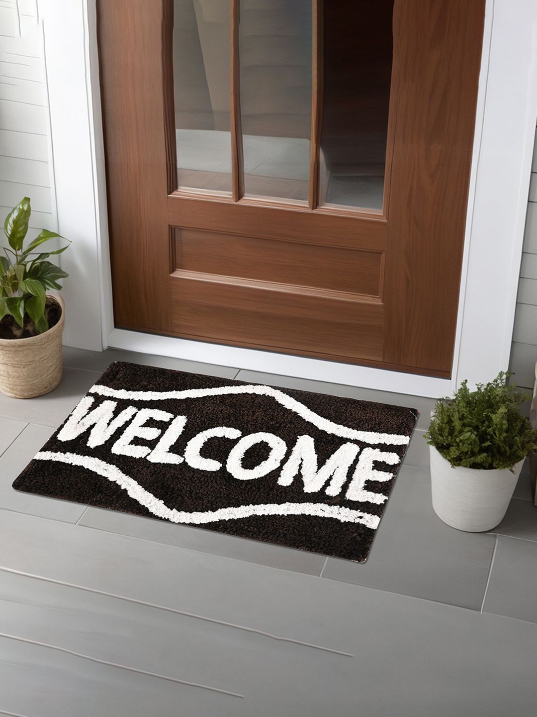 

Kuber Industries 4Pcs Black & Coffee Brown Printed Rectangle Anti Skid Doormats