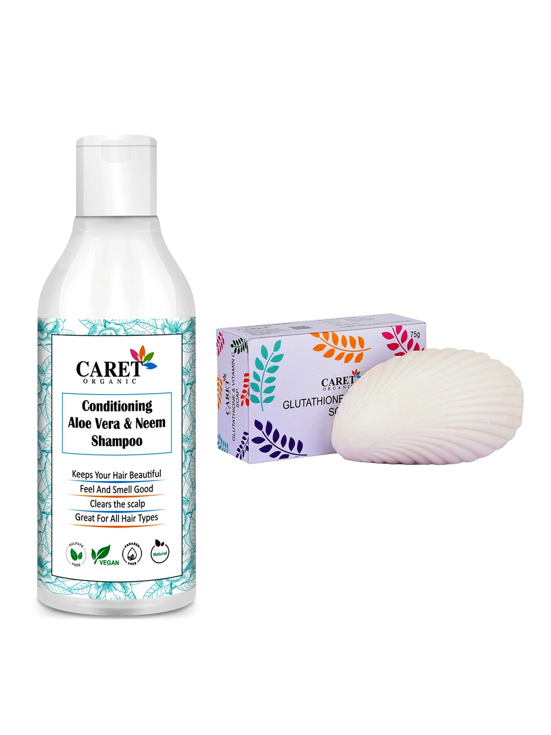 

CARET ORGANIC Conditioning Aloevera & Neem Shampoo 300 ml & Glutathione Soap, White