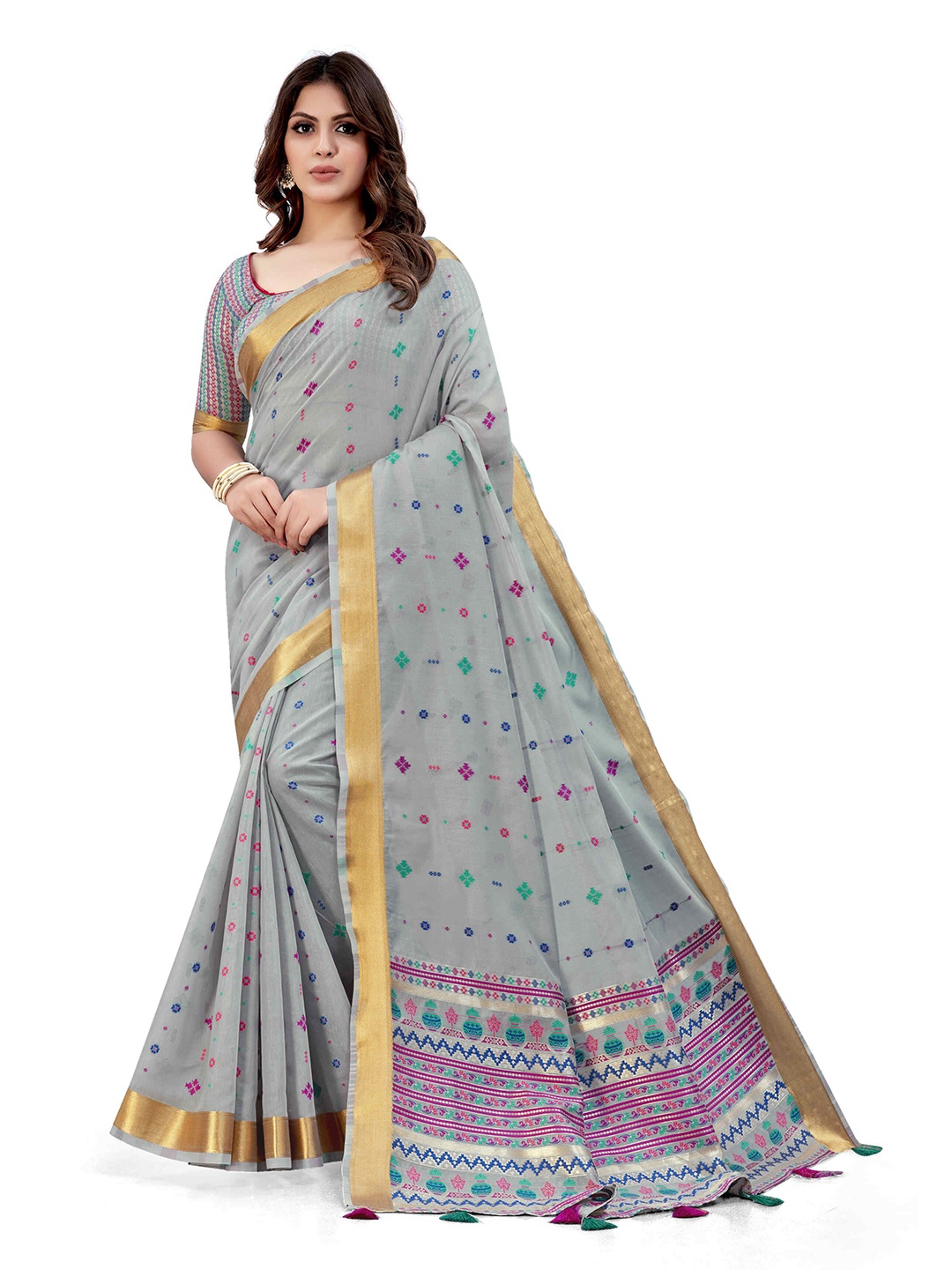 

SARHA Ethnic Motifs Woven Design Zari Pure Cotton Saree, Grey