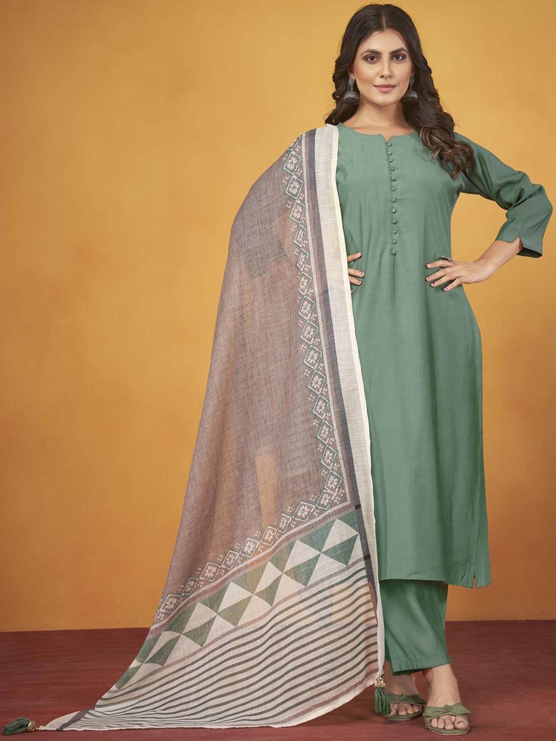

MINGORA Women Regular Kurta with Trousers & With Dupatta, Olive