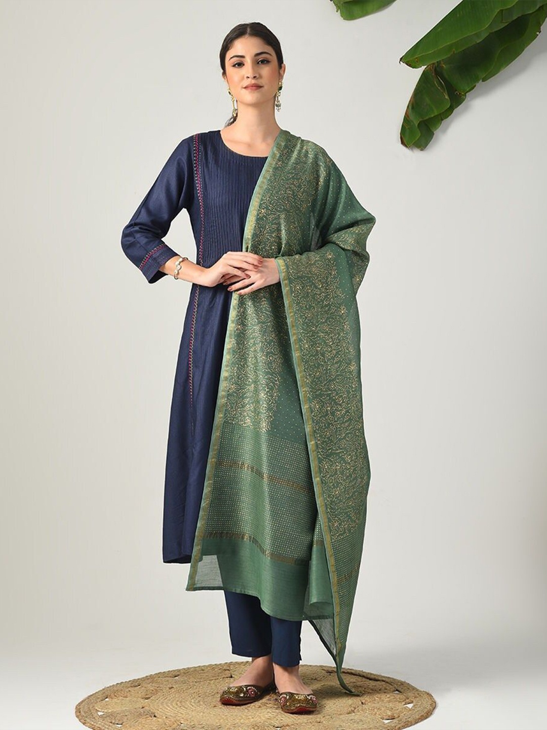 

JAYPORE Printed Cotton Silk Dupatta with Zari, Green