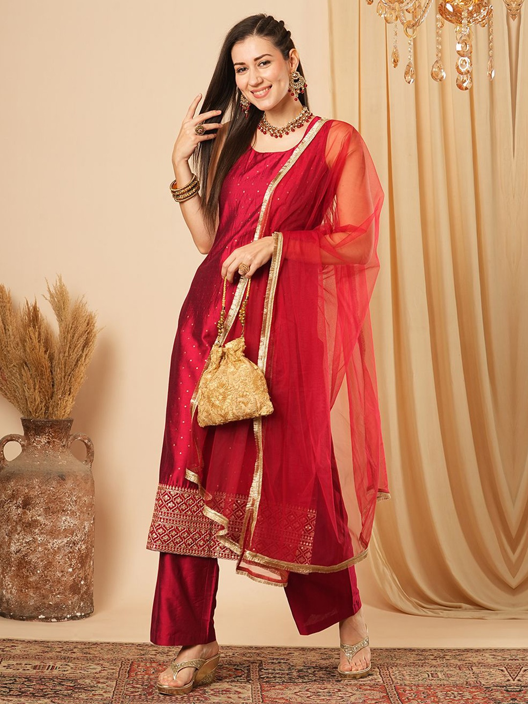 

Globus Women Printed Regular Kurta with Trousers & With Dupatta, Red