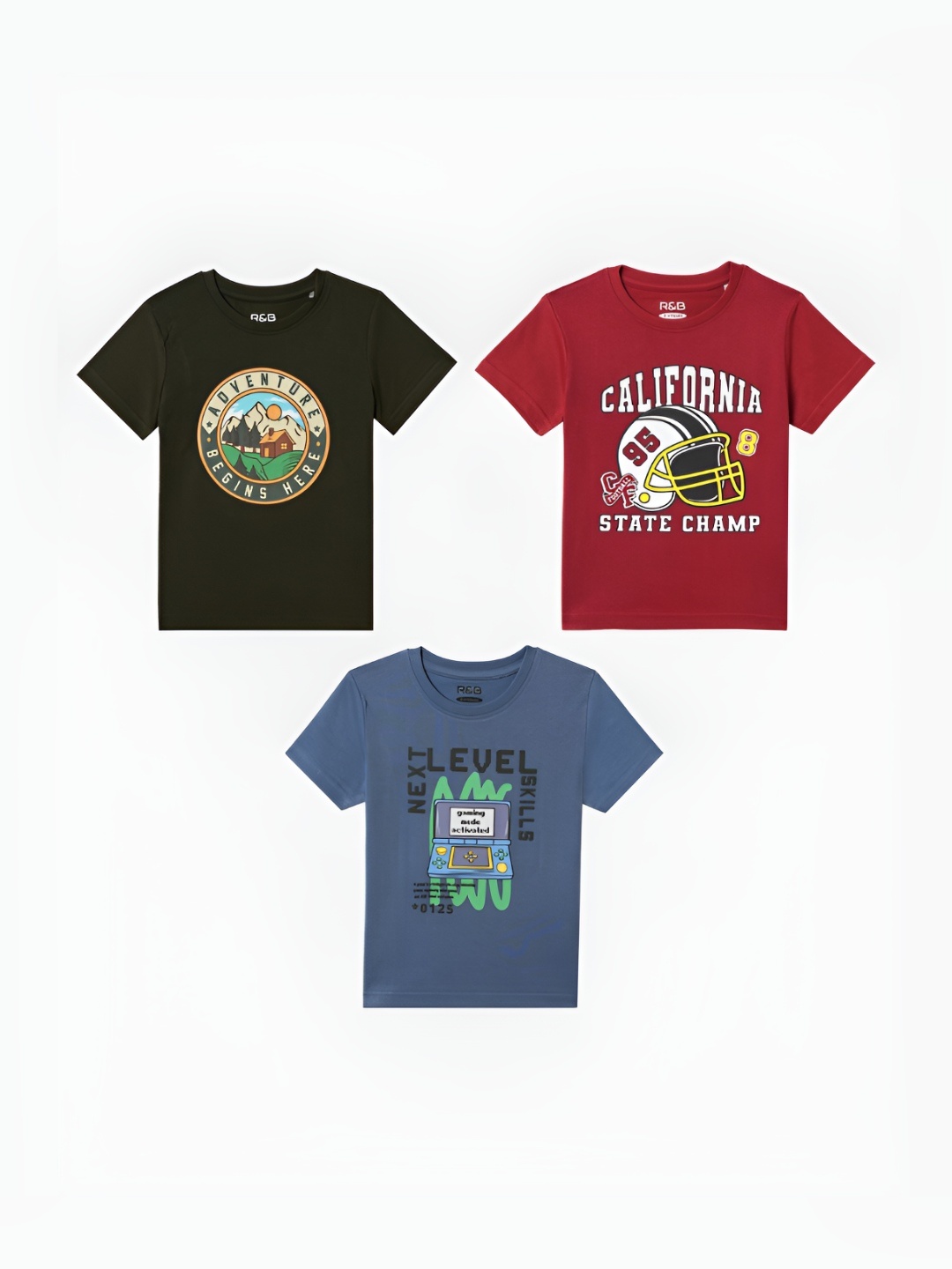 

R&B Boys Pack Of 3 Graphic Printed Round Neck Cotton T-shirts, Green