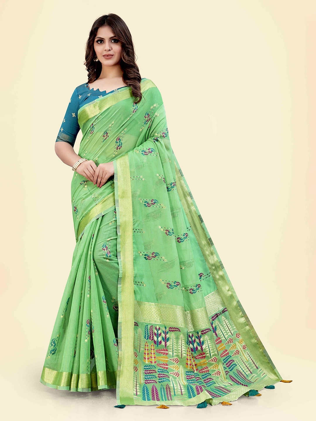 

SARHA Ethnic Motifs Printed Woven Design Zari Pure Cotton Saree, Green