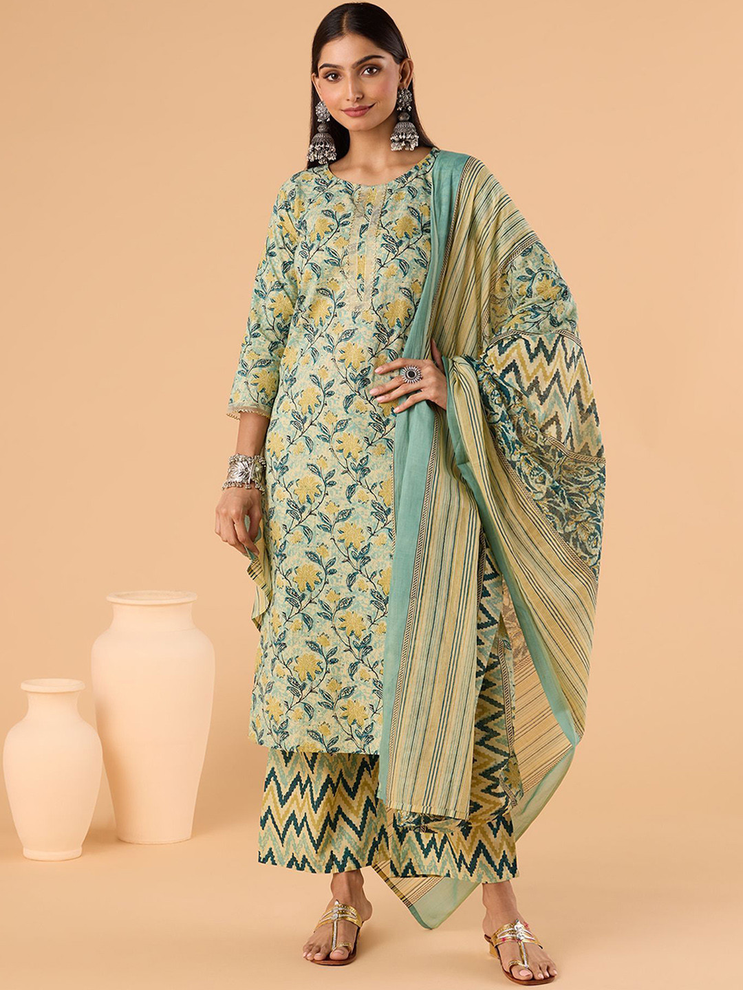 

KAVINDI Floral Printed Pure Cotton Straight Kurta With Palazzos & Dupatta, Turquoise blue