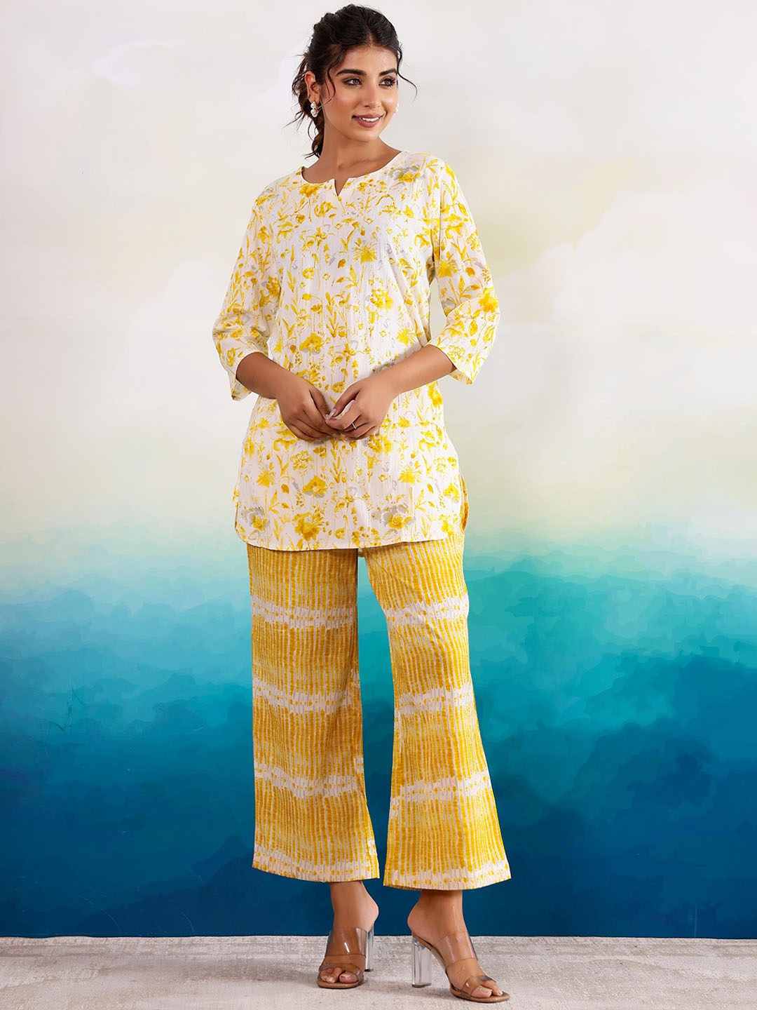 

FLAVIA CREATION Printed Pure Cotton Top With Trouser, Yellow