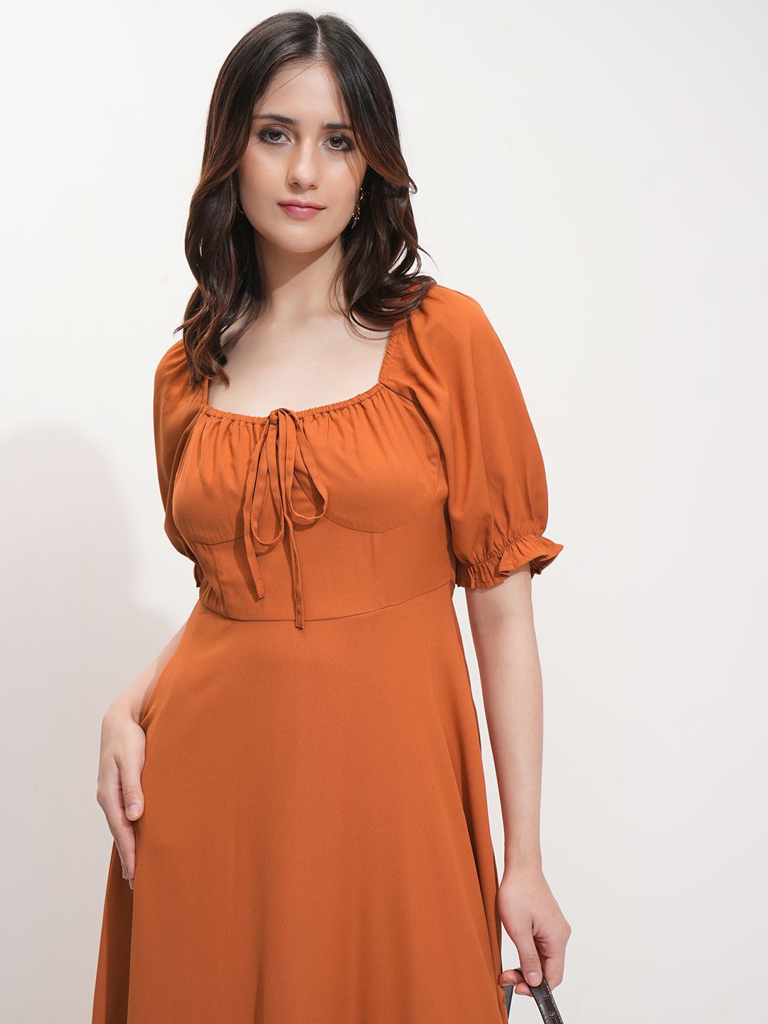 

Tokyo Talkies Women Puff Sleeve Fit & Flare Dress, Rust