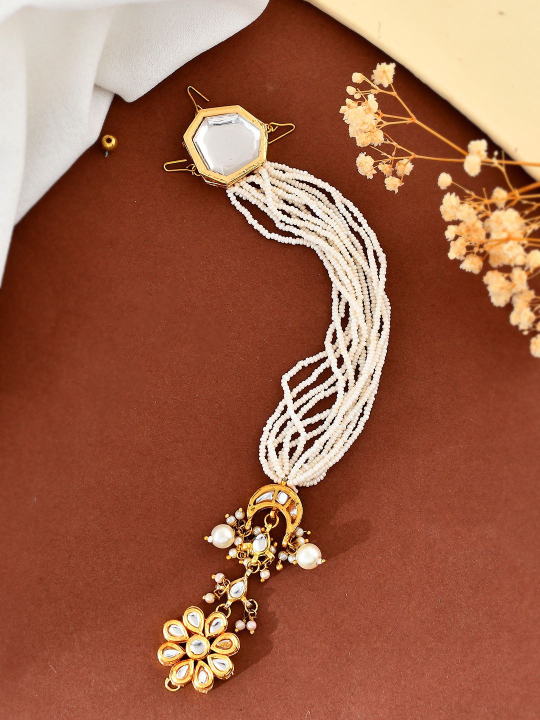 

Silvermerc Designs Gold-Plated Pearls & Kundan Studded Choti Bridal Head Jewellery