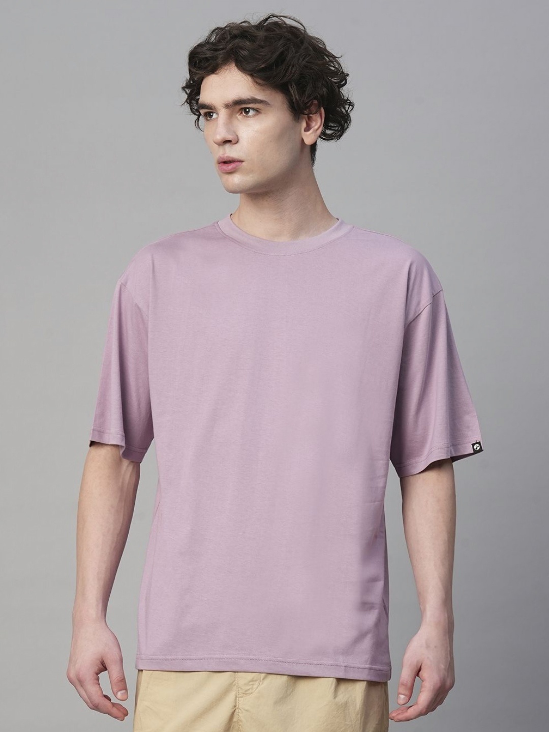 

PRONK Men Solid Round Neck Cotton Oversized T-shirt, Lavender