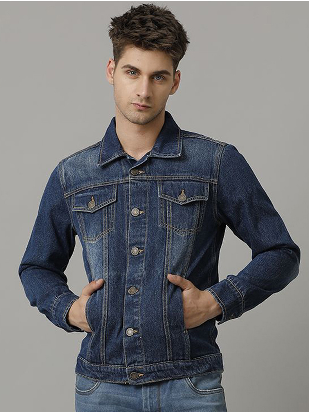 

TEMPLE OF DENIM Men Outdoor Denim Jacket with Embroidered, Blue