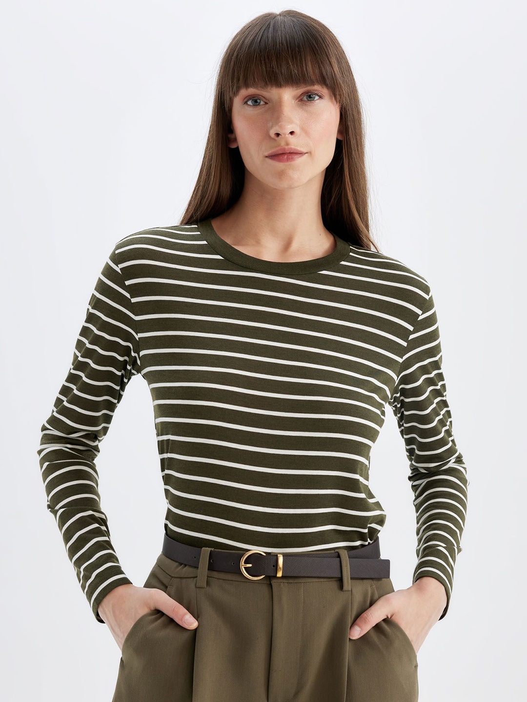 

DeFacto Women Striped Monochrome Pockets T-shirt, Na