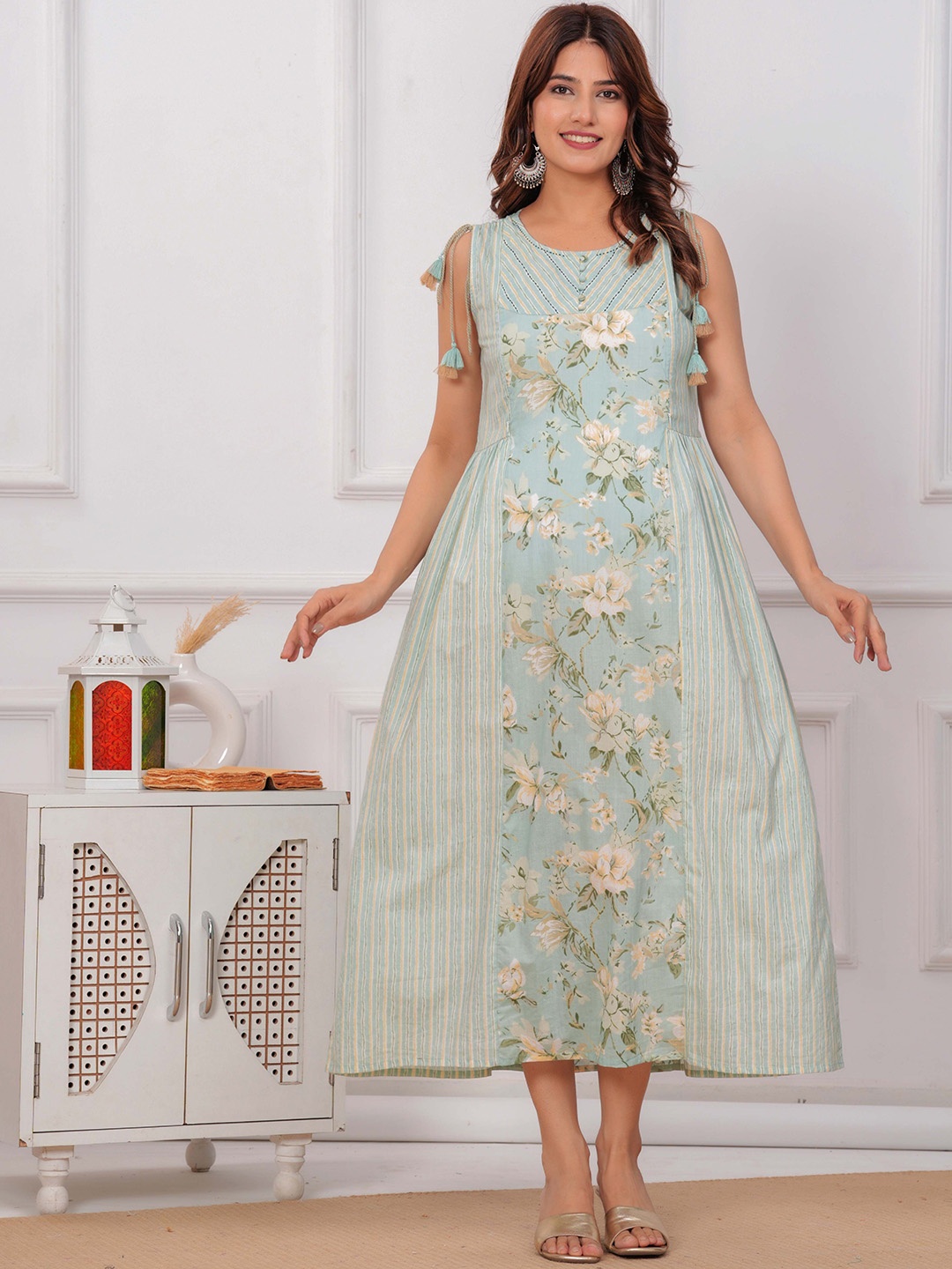 

Meeranshi Printed A-Line Maternity & Feeding Cotton Midi Ethnic Dress, Sea green