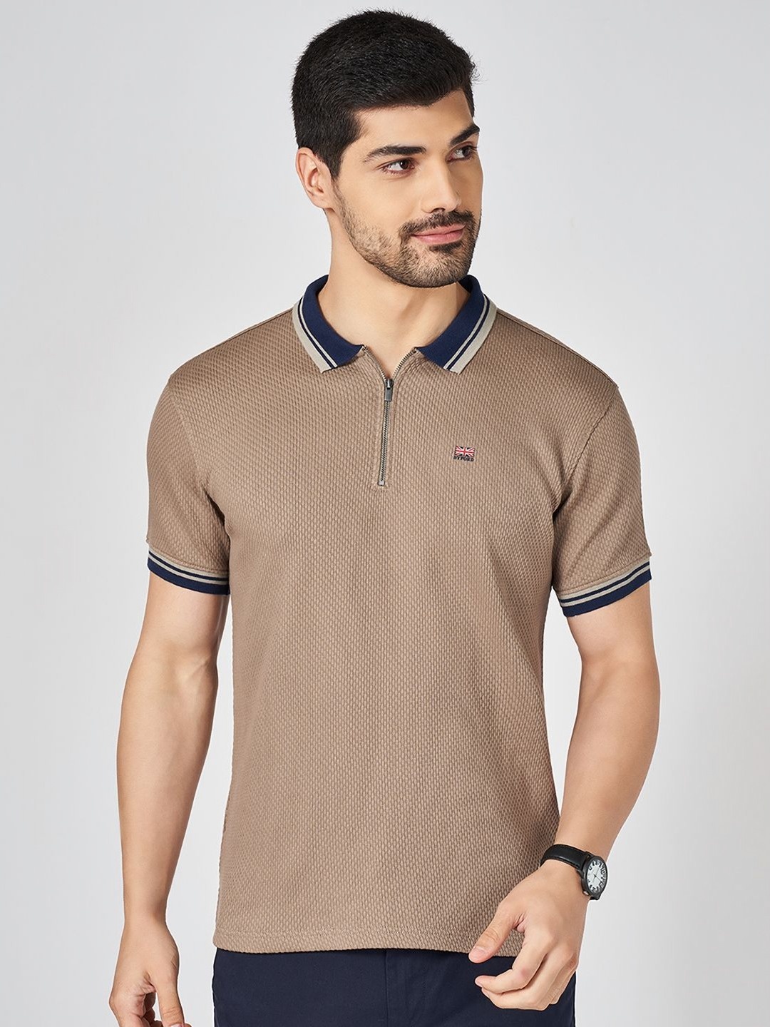 

BYFORD by Pantaloons Men Solid Polo Collar Cotton Slim Fit T-shirt, Beige