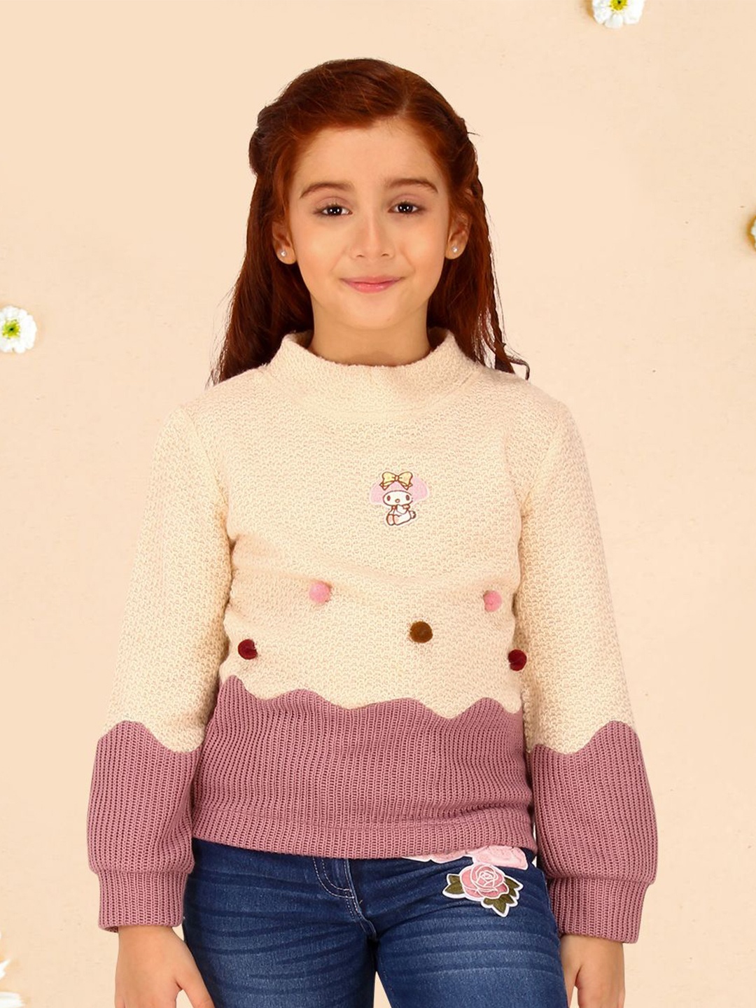 

CUTECUMBER Colourblocked Applique Top, Cream