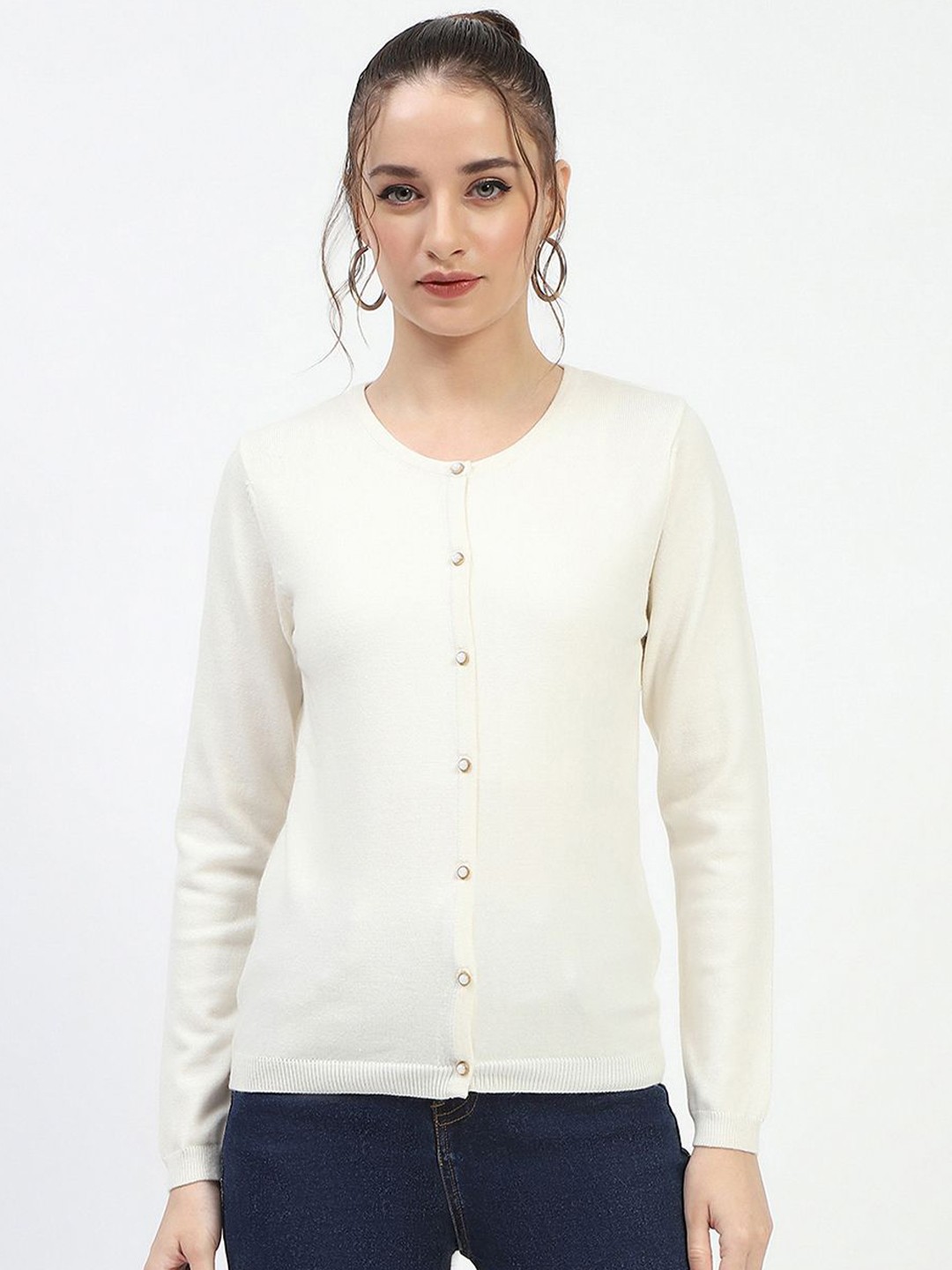 

Madame Women Round Neck Long Sleeves Cardigan, Off white