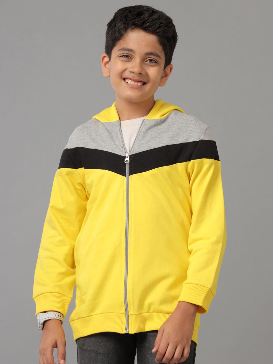 

UNDER FOURTEEN ONLY Boys Colourblocked Hood Cotton Front-Open Sweatshirt, Yellow