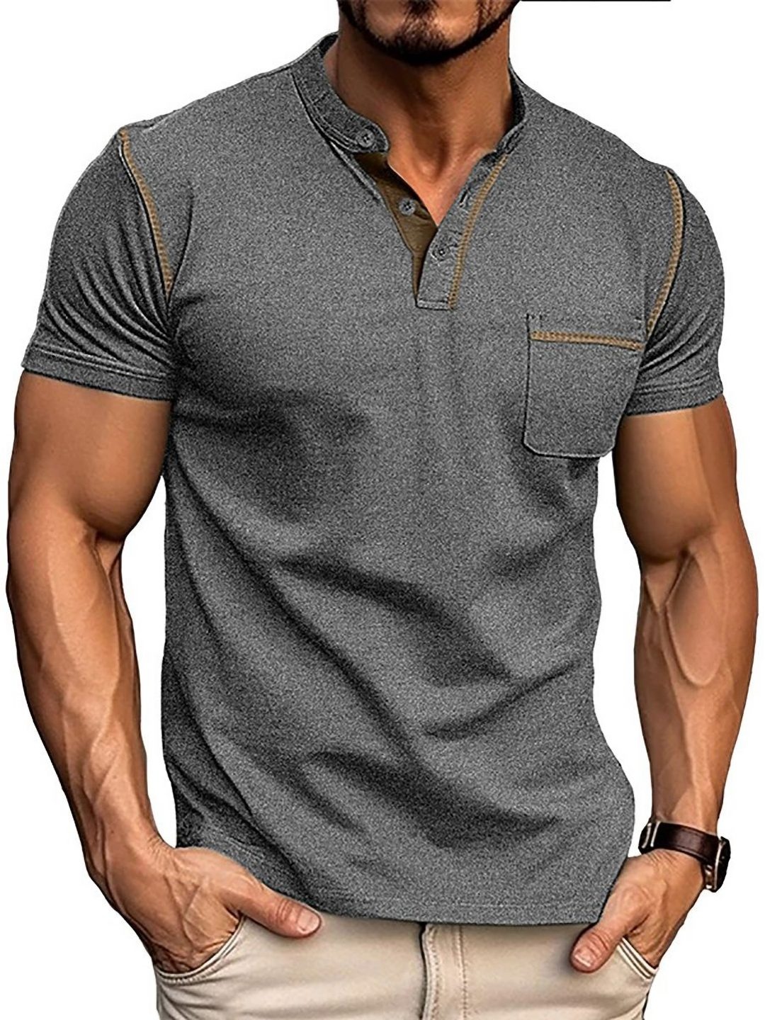 

StyleCast x Revolte Men Solid Henley Neck Cotton T-shirt, Grey