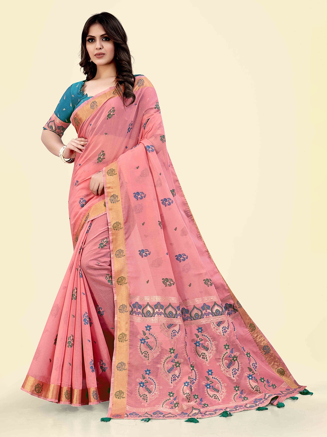 

SARHA Ethnic Motifs Zari Pure Cotton Saree, Pink