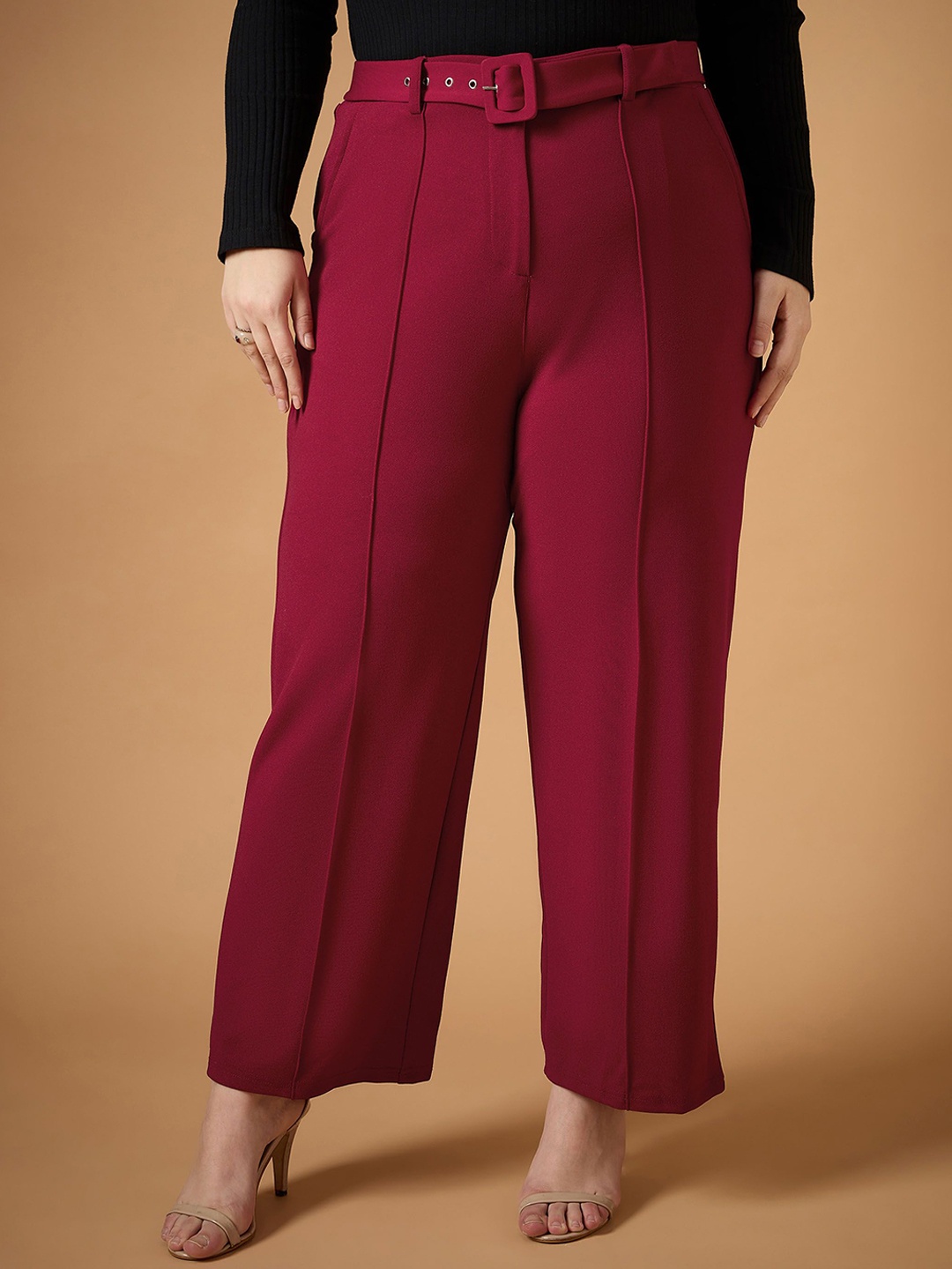 

SASSAFRAS Curve Women Straight Fit High-Rise Pleated Trousers, Maroon