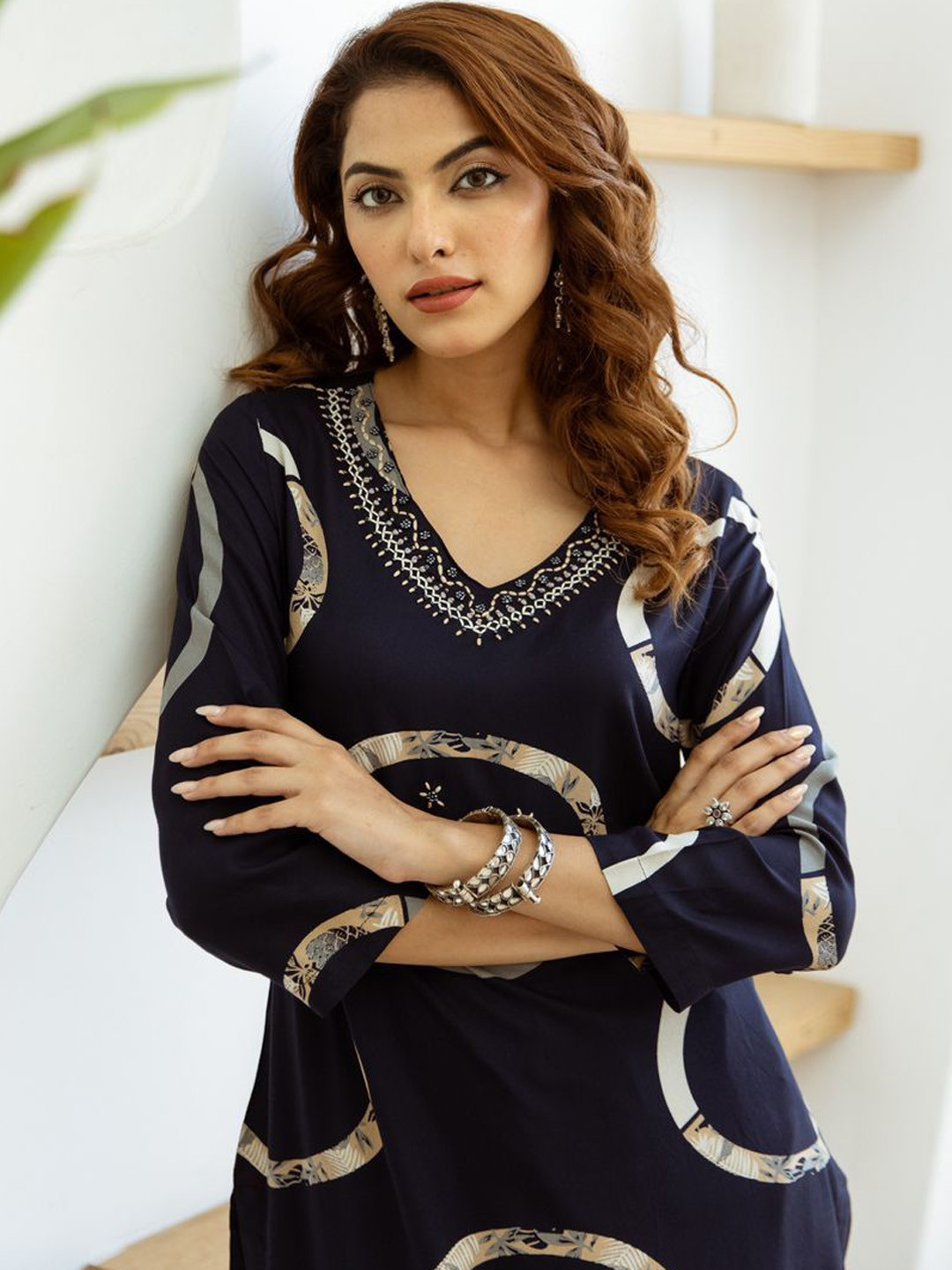 

Anouk Blue Geometric Printed Thread Work Straight Kurta With Trouser