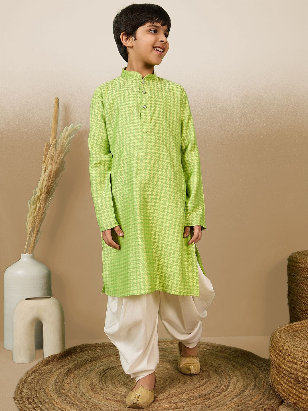 

Here&Now X Sanwara Boys Printed Regular Pure Cotton Kurta with Dhoti Pants, Green