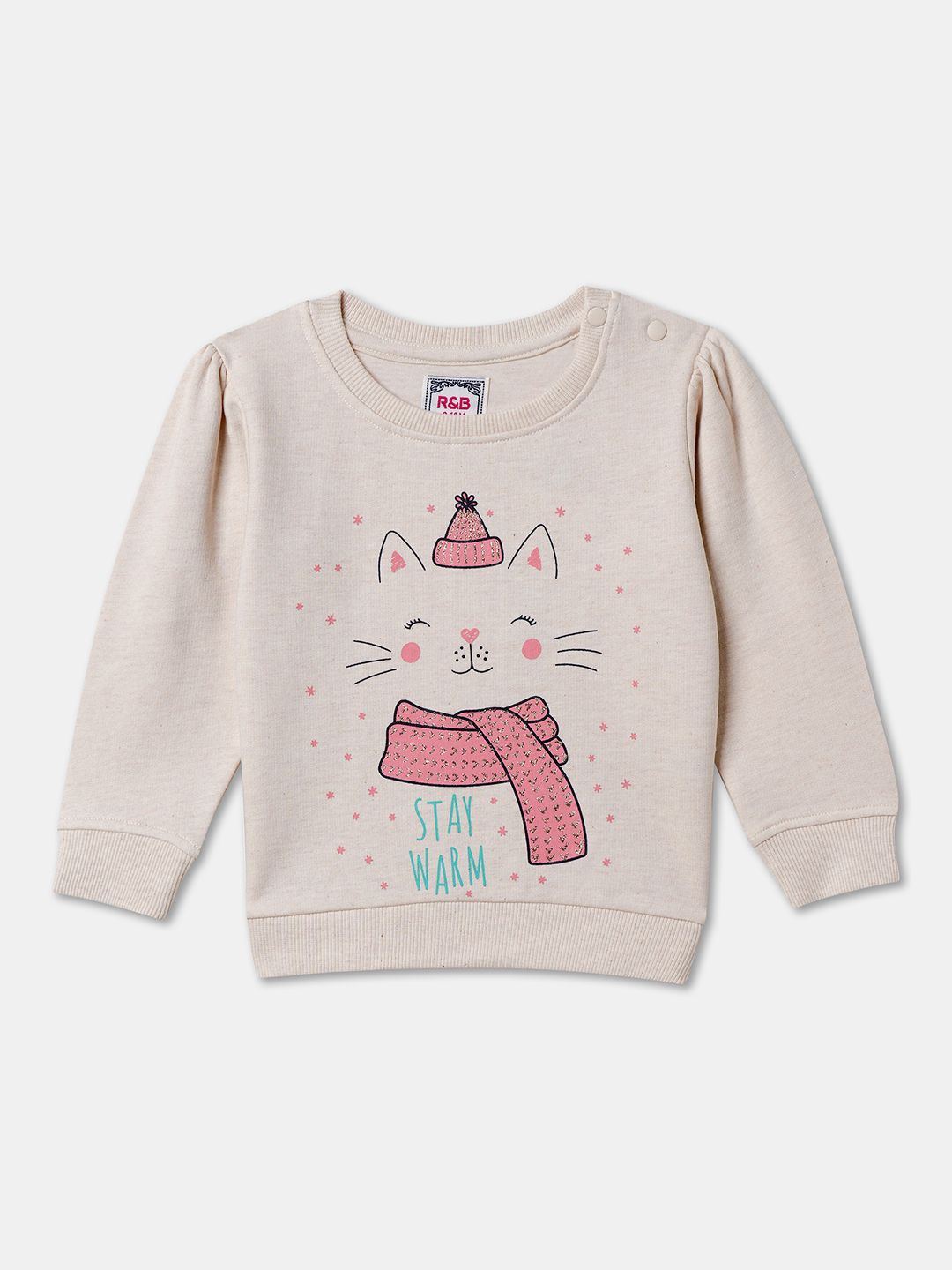 

R&B Girls Graphic Printed Round Neck Cotton Pullover Sweatshirt, Beige