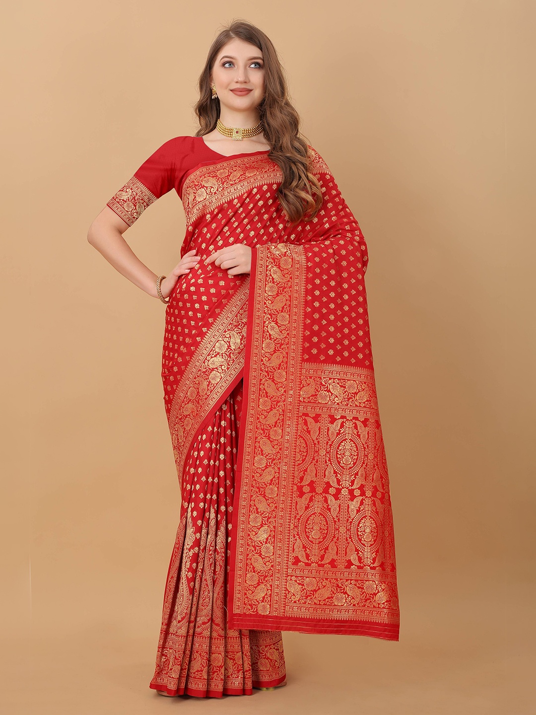 

Zeekha Woven Design Zari Pure Silk Kanjeevaram Saree, Red