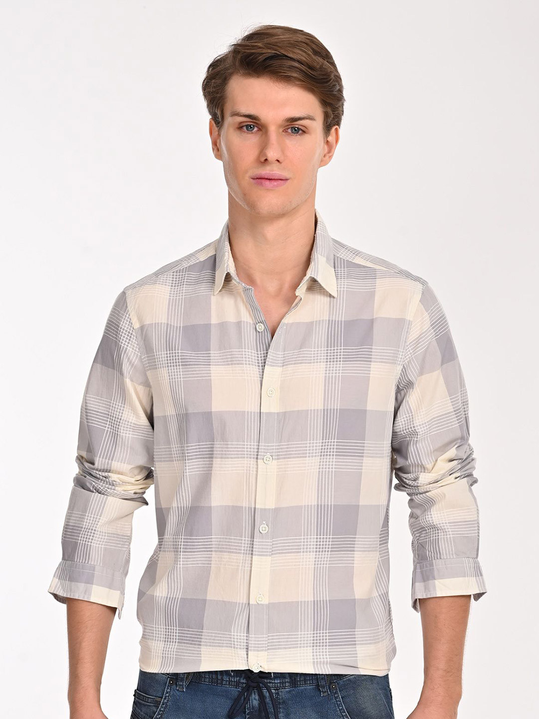 

POE Men Smart Slim Fit Opaque Checked Casual Shirt, Grey