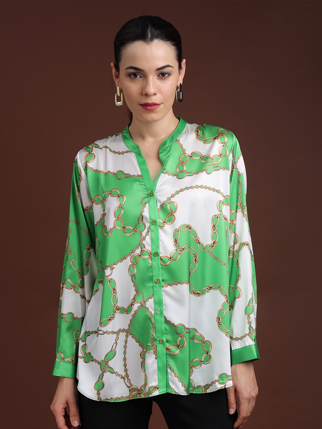 

Fashion Gaiia Women Comfort Collarless Abstract Printed Party Shirt, Green