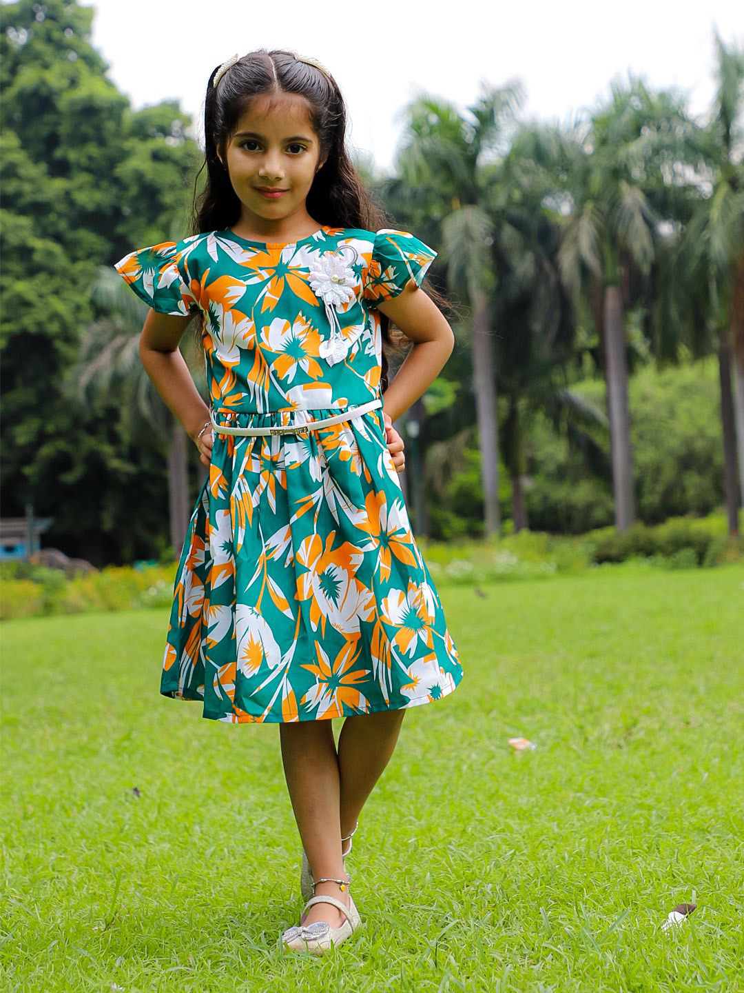 

Stuffie Land Girls Floral Printed Cotton Flutter Sleeve A-Line Dress, Green