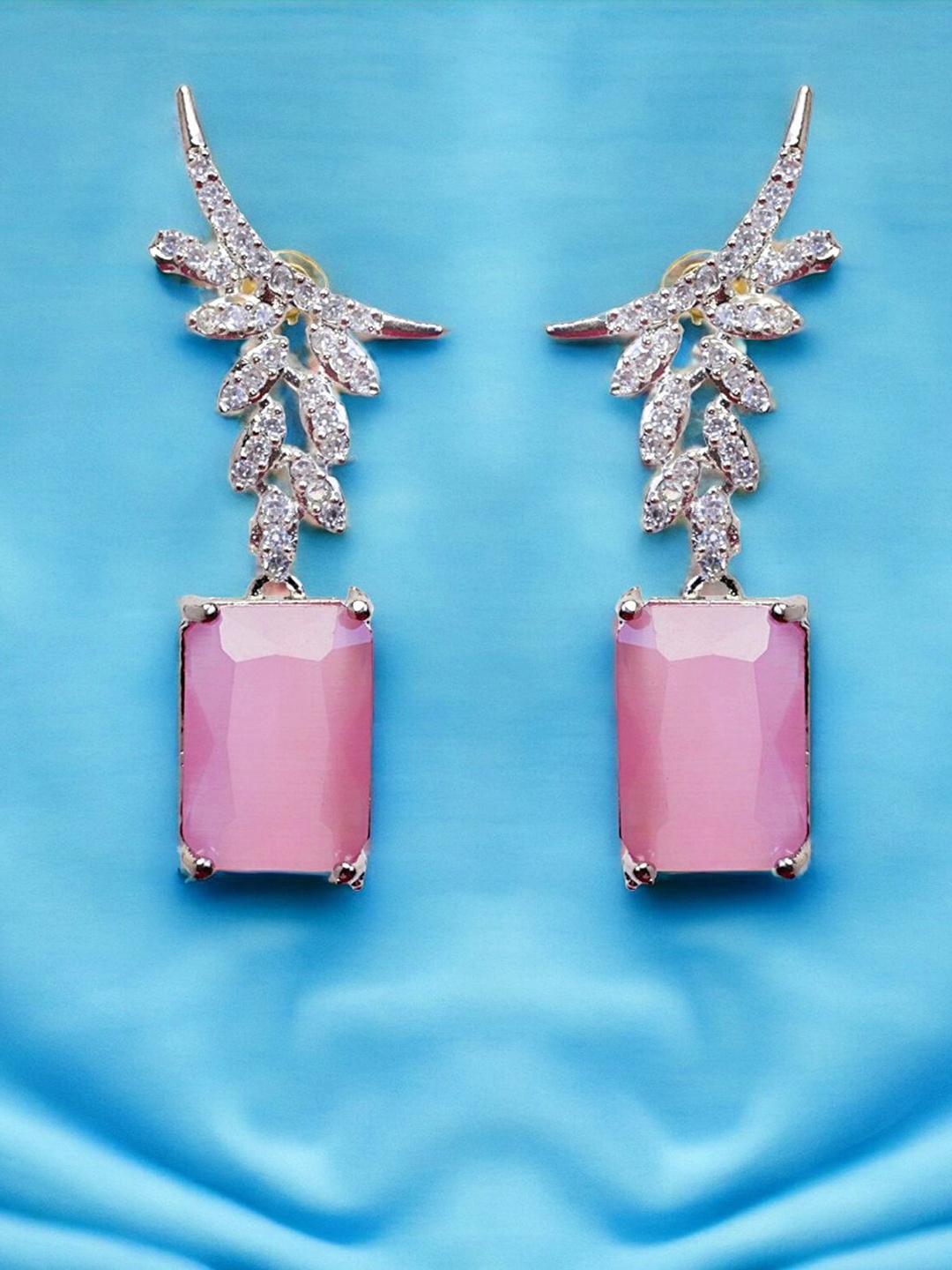 

Zoey Rhodium-Plated American Diamond Studded Geometric Drop Earrings, Pink