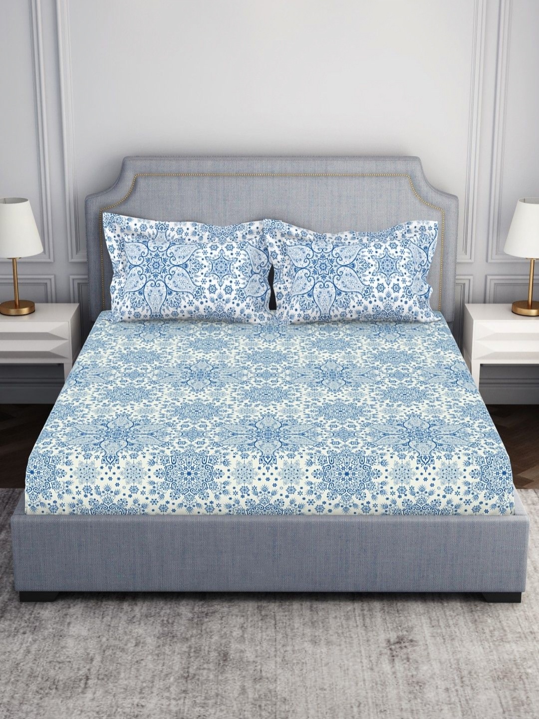 

SPACES ornamenta Blue Ethnic Motifs 100% Cotton 144 TC Queen Bedsheet with 2 Pillow Covers